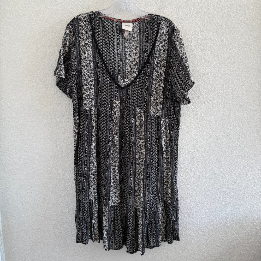Knox Rose Black and White Patchwork V Neck Ruffle Trim Babydoll Dress XL